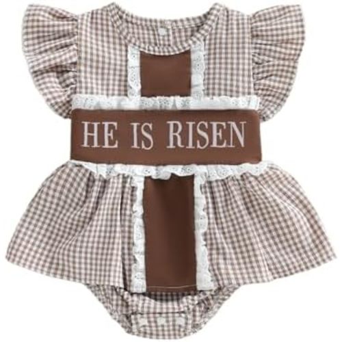 GOOCHEER Newborn Baby Girl Easter Outfit He Is Risen Bubble Romper Dress Fly Sleeve Lace Bodysuit Christian Clothes Summer