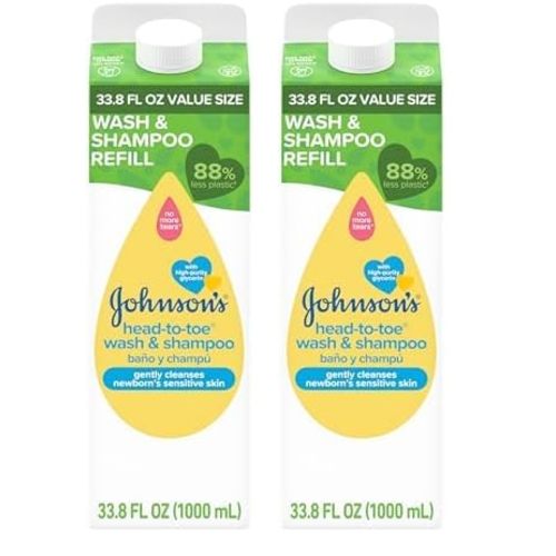 Johnson's Head-To-Toe Gentle Body Wash & Shampoo for Baby's Sensitive Skin & Hair, Tear-Free, Sulfate-Free & Hypoallergenic, Value Size Refill, 33.8 fl. oz (Pack of 2)
