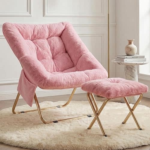 Comfy Saucer Chair for Adults, Foldable Living Room Chairs, Soft Faux Fur Lounge Chair for Bedroom, Reading Chairs, X-Large (Ottoman-Pink)