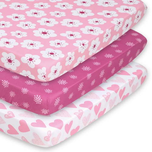 The Peanutshell Pack n Play, Mini Crib, Portable Crib or Fitted Playard Sheets for Baby Girl, Mod Floral, 3 Pack Set
