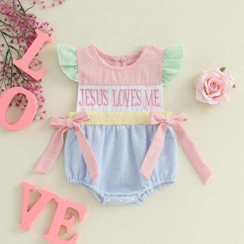 Baby Girl Easter Outfit Newborn Jesus Love Me Embroidery Smocked Bubble Romper Ruffle Striped one-piece Bodysuit Cute Easter Baby Clothes