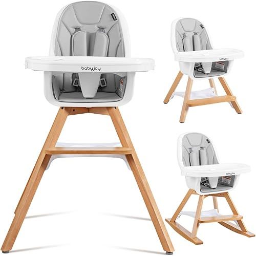 BABY JOY 3 in 1 High Chair, Baby Eat & Grow Convertible Wooden High Chair/Rocking Chair/Booster Seat/Toddler Chair, Infant Dining Chairs w/Double Removable Tray, 5-Point Seat Belt & PU Cushion, Gray
