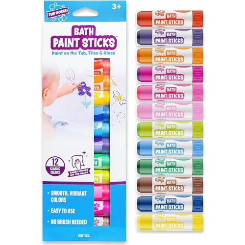 Tub Works® Bath Paint Sticks™ Bath Toy, 12 Count | Nontoxic, Washable Bathtub Paint for Kids & Toddlers | Twistable Sticks Draw Smoothly on Tub Walls | Smooth, Vibrant Alternative to Bath Crayons