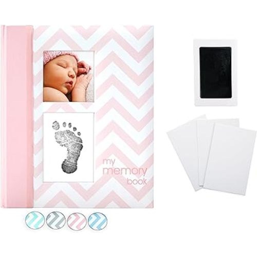 Pearhead Baby Memory Book, First 5 Years Baby Milestone Book, Pregnancy Journal, Gender Neutral Newborn Keepsake, With Clean-Touch Ink Pad For Baby's Handprint or Footprint, Pink Chevron