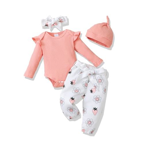 Renotemy Newborn Baby Girl Clothes Outfits Infant Romper Ruffle Floral Pants Cute Toddler Baby Girl Clothes Set