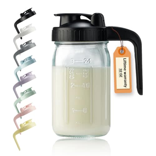 32oz Glass Pitcher with Lid & V-shaped Pour Spout - 1 Quart Breastmilk Pitcher Double Leak Proof, Creamer Container for Sun Tea, Juice, Cold Brew Coffee, Breastmilk Storage Container