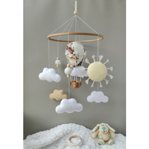 hot air balloon crib mobile, adventure nursery design, travel baby room decoration, hanging mobile from ceiling, gift for expecting parents