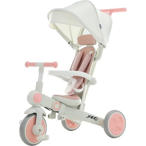 JMMD Baby Tricycle, 7-in-1 Multifunctional Kids Trike with Adjustable Parent Handle, Safety Harness & Wheel Brakes, Removable Canopy, Stroll Trike for Boys & Girls Ages 18 Months-5 Years, Pink