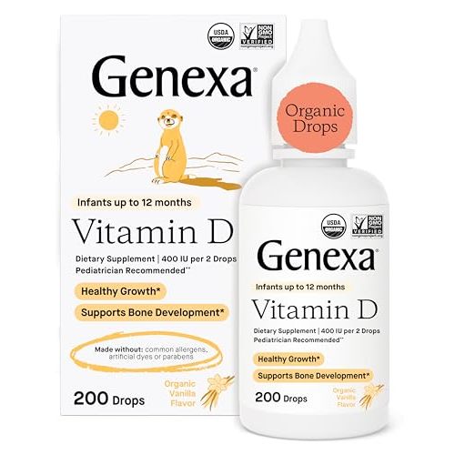 Genexa Infants Vitamin D Liquid Drops for Newborn, Baby & Toddler | Supports Growth & Bone Development | Delicious Organic Vanilla Flavor | Certified Organic, Gluten Free, & Non-GMO | 90 Servings
