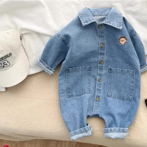 Baby Bear Lapel Denim Romper