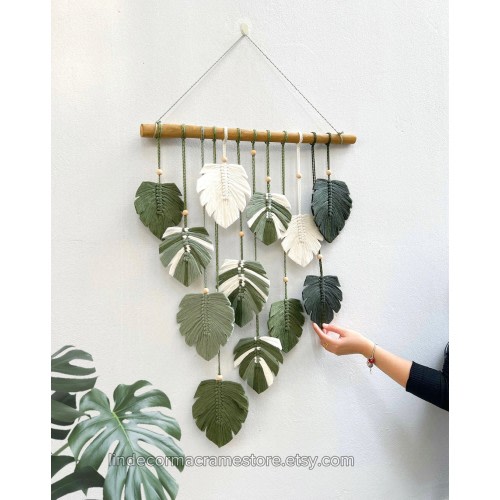 Monstera Leaves Handmade Wall Decor, Green Leaf Macrame Wall Hanging, Scandinavian Decor, Boho Nursery Decor, New Home Gift, Mother Day Gift