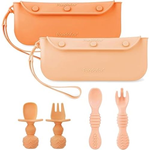 PandaEar 4 Pack Silicone Baby Spoons & Forks with 2 Pack Baby Cutlery Holder Bags, Baby Feeding Set Self Feeding Utensils & Reusable Portable Flatware Box Tableware Organizer Storage Case