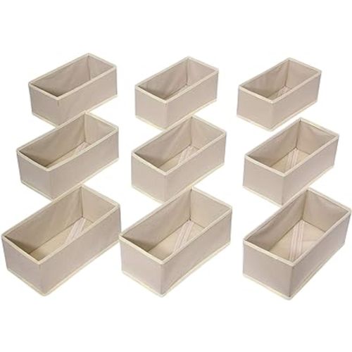 DIOMMELL 9 Pack Foldable Cloth Storage Box Closet Dresser Drawer Organizer Fabric Baskets Bins Containers Divider for Clothes Underwear Bras Socks Lingerie Clothing,Beige 090