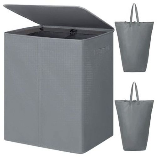 Wowlive 154-liter Fabric 2-section Collapsible Double Laundry Basket Storage Hamper With Lid And Removable Bags For Bedroom, Dorm, And Bathroom, Gray