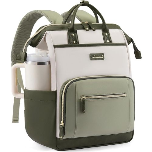 LOVEVOOK Laptop Backpack for Women with Giant Tumbler Holder,18 inch Professional Nurse Teacher Backpack Computer Laptop Bag,Cute Travel Backpack Purse Work College Bag,Beige-Bean green-Army green