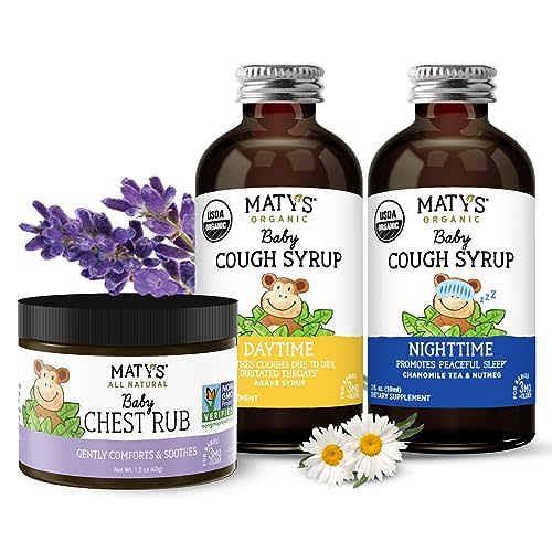 Matys Baby Cough Care Bundle, Organic Day & Night Cough Syrups 2-pk Plus Baby Chest Rub Ointment for Babies & Infants 3 Months +, Melatonin Free, 3pcs
