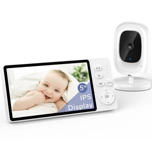 1080P No WiFi Video Baby Monitor, 5" IPS 1080p Screen, HD Night Vision, Two-Way Talk, Lullabies, Temperature Sensor, 3X Zoom, and VOX