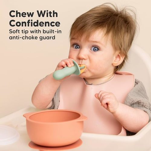 KeaBabies 4-Pack Silicone Baby Spoons and Forks Set - Baby Led Weaning Utensils 6-12 Months, Self Feeding Toddler Spoon & Fork for Training, Teething, Easy to Hold, BPA-Free Silicone (Mellow)