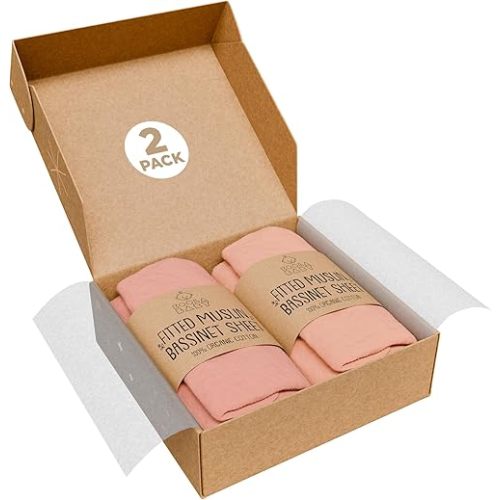 Bassinet Fitted Sheets - Compatible with Delta Children and Simmons Kids Bassinet | 100% Organic Muslin Cotton - Light Pink + Dark Pink | 30x16 (2 Pack)