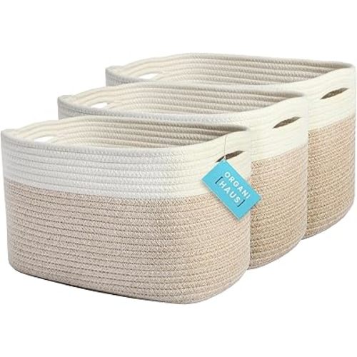 OrganiHaus Set of 3 Rope Baskets for Organizing, Cotton Rope Basket, Shoe Basket Organizer, Decorative Storage Baskets, Toy Bins, Woven Baskets for Storage, Shelf Baskets for Organizing - Light Honey