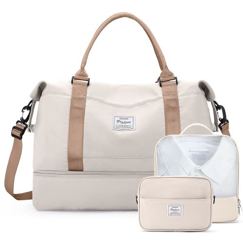 Weekender Bags for Women,Travel Duffle Overnight Bag with Shoe Compartment,Personal Item Carry On Bag,Beige & Brown,Extra Large,3 Pcs Set