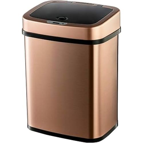 Ninestars Bedroom or Bathroom Automatic Touchless Infrared Motion Sensor Trash Can, 3 Gal 12L, Stainless Steel Base (Rectangular, Rose Gold/Black Lid)