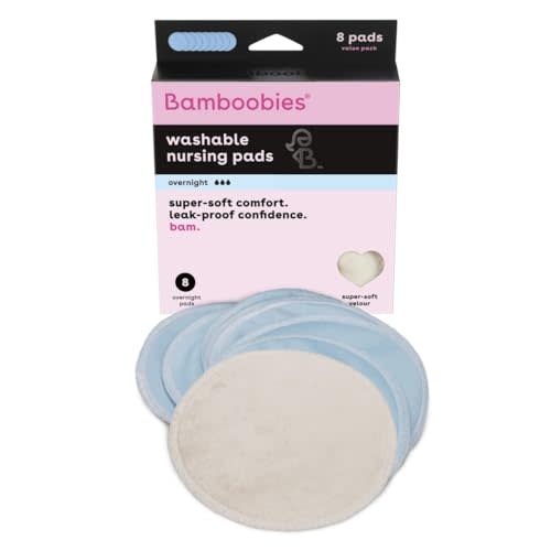 Bamboobies Reusable & Washable, Ultra-Absorbent Overnight Nursing Pads for Breastfeeding, Super Soft Rayon Made From Bamboo, Milk Proof Liner, Natural, 2.4 Oz, 4 Count