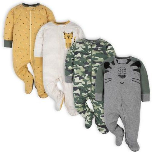 Gerber Baby Boys' Sleep 'n Plays With Mitten Cuffs - Jungle - 0-3 Months - 4-pack