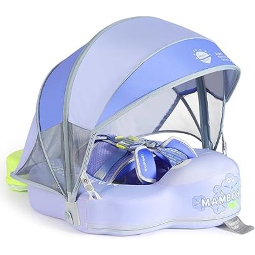 Mambobaby Float Add Tail No Flip Over Non-Inflatable Baby Swim Float Pearl Foam Solid Water Floats Smart Swim Trainer Infant Pool Float Swim Ring with Sun Canopy