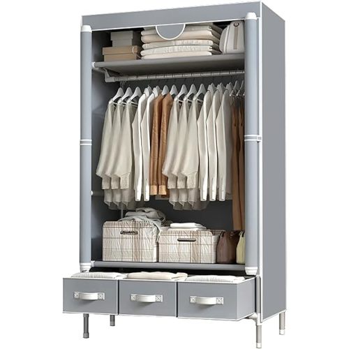 Portable Clothes Closet Rolling Door Wardrobe with Hanging Rack Non-Woven Fabric Storage Organizer with Three Drawer Boxes No-Tool Assembly - 35.4 x 17.7 x 67.0 ‘’ (Gray)