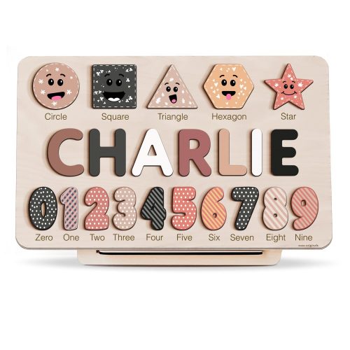 Personalized Wooden Name Puzzle with Numbers & Shapes – Black Rose – Zuzu Puzzle