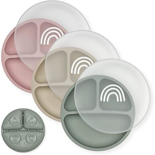 Hippypotamus Toddler Plates with Suction - 100% Food-Grade Silicone Baby Plates with Lids - Microwave & Dishwasher Safe - BPA Free - Set of 3 (Sage/Blush/Nude with LIDS)