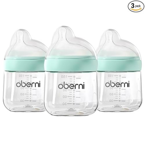 Oberni Baby Bottles with Slow Off-Centered Nipple for 0+ Months, Anti Colic Newborn Milk Feeding Bottle, 150ml/5oz/Blue/3Pack