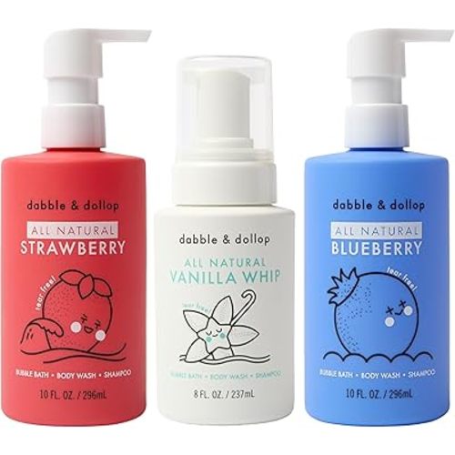 Dabble & Dollop USA Kids 3-in-1 Body Wash, Shampoo & Bubble Bath Variety Set – Strawberry, Blueberry & Vanilla, Tear-Free, Gentle, Hypoallergenic and Safe for Sensitive Skin (Pack of 3)