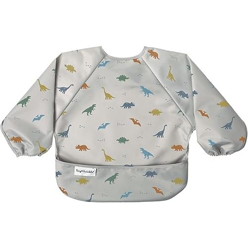 Tiny Twinkle Mess Proof Baby Bib, Cute Full Sleeve Bib Outfit, Waterproof Bibs for Toddlers, Machine Washable, Tug Proof Closure, Baby Smock for Eating, Long Sleeve (Dinosaur, Small 6-24 Months)