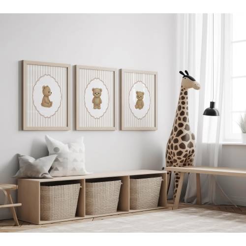 Watercolor Teddy Bear Nursery Prints, Gender Neutral Beige Nursery Decor