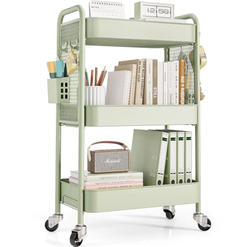 TOOLF 3 Tier Rolling Cart Storage Organizer, Metal Rolling Utility Cart with Wheels, Hooks & Bins Esthetician Craft Art Sturdy Storage with Pegboard for Bathroom, Kitchen, Office, Nursery Diaper