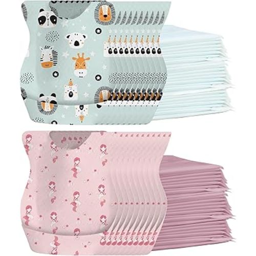 Baby Disposable Bibs 100pcs Travel Feeding Bib Set - Leakproof Liner, Food Catcher Pocket for 6-18 Months Babies Toddlers