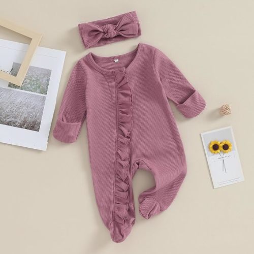 Ayalinggo My First Baby Girl Valentines Day Outfit Knit Onesie Ruffle Romper Newborn Coming Home Outfit Infant Clothes - Mitten Cuff Onesie Purple