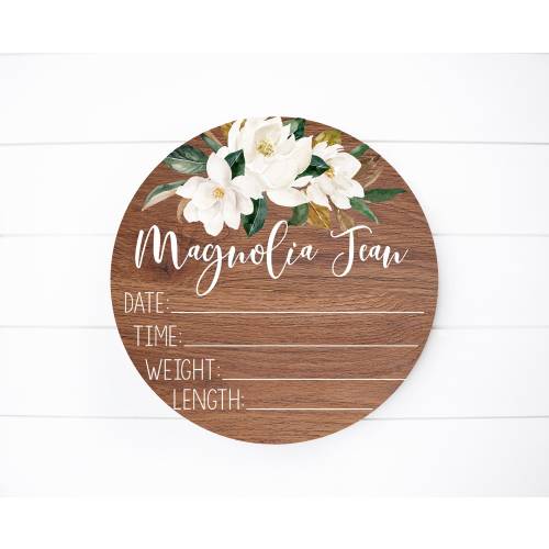 Birth Stat Sign, Round Wood Birth Stat Sign, Magnolia Floral Birth Stat Sign, Magnolia Decor, Personalized Birth Stat Sign, Newborn Gift F5