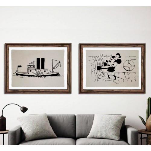 Mickey Mouse Steamboat Willie art SET, VINTAGE canvas print wall sign, Mickey Mouse coastal boat room home poster decor, gift for disney fan