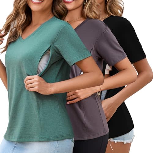 Ecavus Women's Nursing Shirts 3-Pack V Neck Breastfeeding Shirts with Hidden Zipper Short Sleeve Loose Fit Nursing Tops
