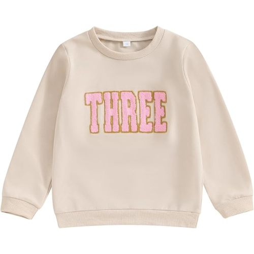 Lamuusaa Toddler Baby Girl Boy Birthday Outfit One/Two/Three/Four/Five/Six Embroidery Sweatshirt Shirts Birthday Gift - 3-4T - Apricot-three