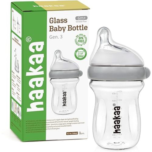 haakaa Gen.3 Natural Glass Baby Bottle 6.3 oz.180ml - Wide Neck, Anti-Colic Varibale Flow Nipple for 6m+ Breastfed Babies, Newborn Registry Essentials,BPA-Free -1 PK
