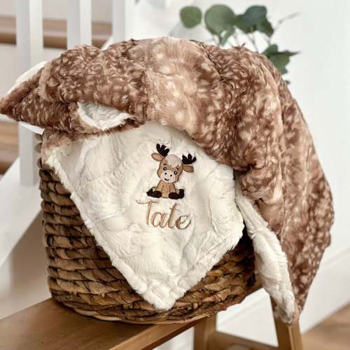 Embroidered Deer Brown Fawn Minky Baby Blanket - Boho Nursery - Person – Baby Boo’s Designs
