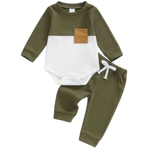 allshope Newborn Baby Boy Fall Outfit Romper Long Sleeve Solid Jumpsuit Bodysuit Elastic Waist Pants Infant Waffle Clothes