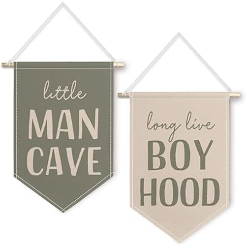 ChissNook Retro Green Boys Nursery Canvas Banner Set of 2, Little Man Cave Long Live Boyhood Hanging Pennant Banner Flags Wall Display, Nursery Wall Decor for Kids Boys Room Bedroom Playroom