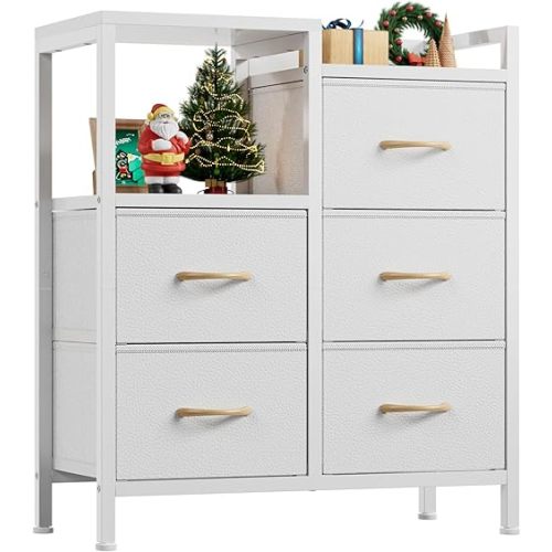 Furnulem 5 Drawer White Dressers for Bedroom 2 Tier Shelf Storage Small Fabric Dresser for Closet Sturdy Metal Frame Modern Style Storage Cabinets Organization Units for Hallway Rooms