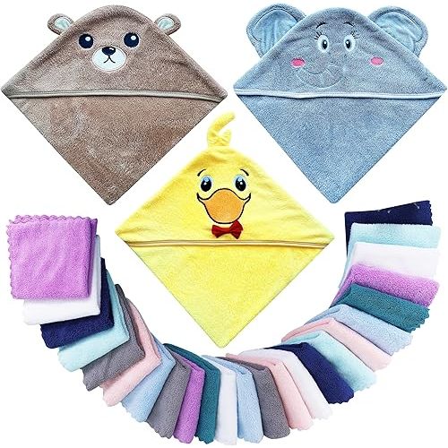 3 Pack Baby Hooded Bath Towel with 24 Count Washcloth Sets for Newborns Infants & Toddlers, Boys & Girls - Baby Registry Search Essentials Item - Bear, Elephant, Duck