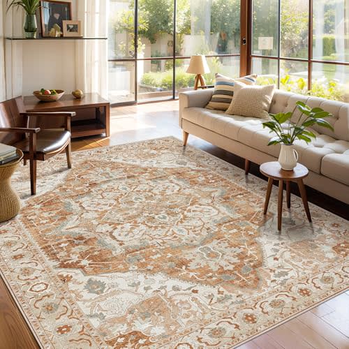 Boho Tribal Area Rug 5x7 Vintage Rug Bohemian Washable Large Living Room Rugs for Bedroom Non Slip Low Pile 5x7 Rug for Kitchen Entryway Bathroom Bedroom Dining Room Office, Caramel Beige